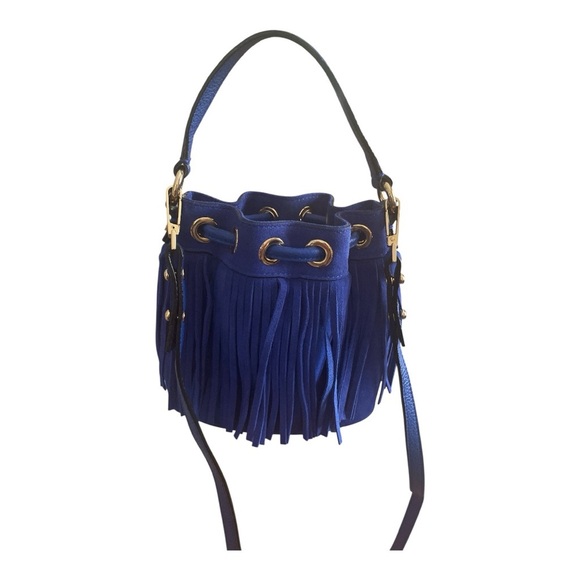 Milly Essex Fringe NWT Small Cobalt Blue Fringe Drawstring Bag - Picture 2 of 5